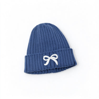 Girls Bow Embroidered Knit Beanie – Ribbed Cuffed Winter Hat, Ages 3–10