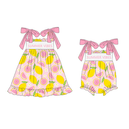 Girls Summer Lemon "SUMMER VIBES" Embroidered Smocked Dress Romper