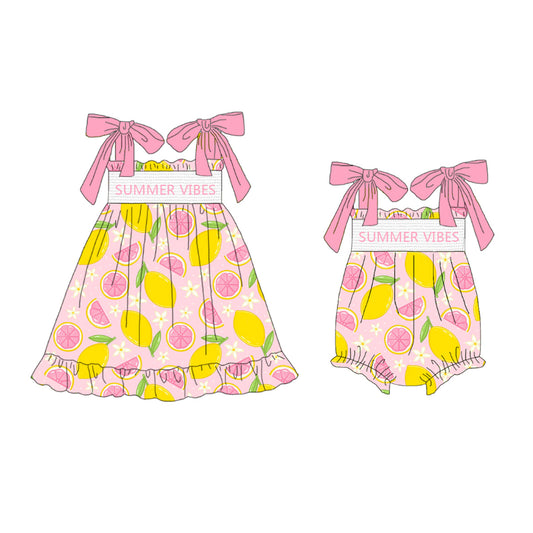 Girls Summer Lemon "SUMMER VIBES" Embroidered Smocked Dress Romper