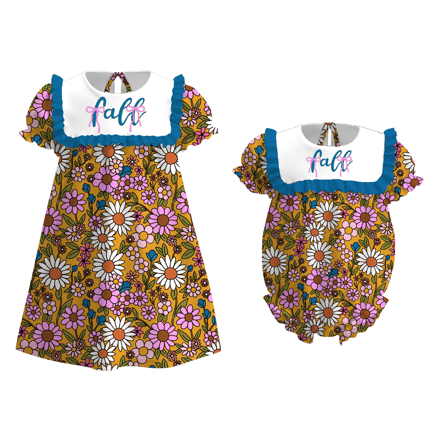 Girls Sister Fall Flower Bule Ruffled Embroibery Sibling Clothes
