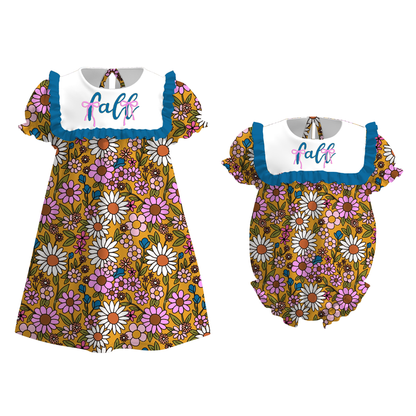 Girls Sister Fall Flower Bule Ruffled Embroibery Sibling Clothes