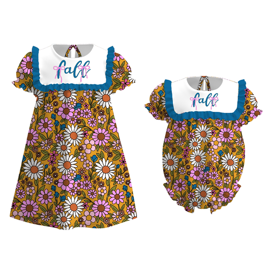 Girls Sister Fall Flower Bule Ruffled Embroibery Sibling Clothes