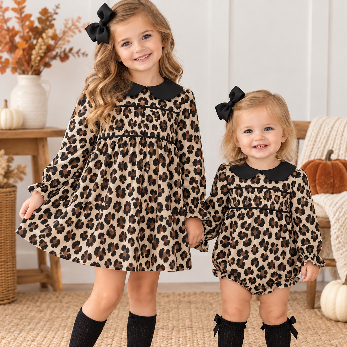 Girls Leopard Print Smocked Dress & Baby Romper – Matching Sister Outfit