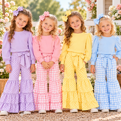 Girls Spring Pastel Polka Dot & Gingham Ruffle Bell Bottom Pants Set – Long Sleeve Puff Sleeve Top with Bow Detail Tiered Flare Pants
