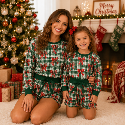 Christmas Mommy & Me Matching Gingham Bow Print Sweatshirt & Shorts Set