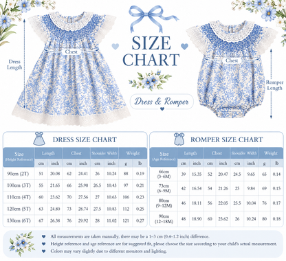 Girls Blue Floral Smocked Dress & Baby Romper – Cotton Summer Sister Matching Outfit