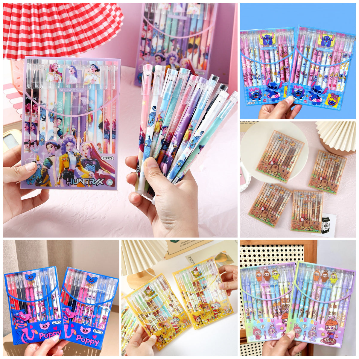 K-Pop Demon Hunters Erasable Gel Pen Set Black Ink 12pcs Cartoon Stationery