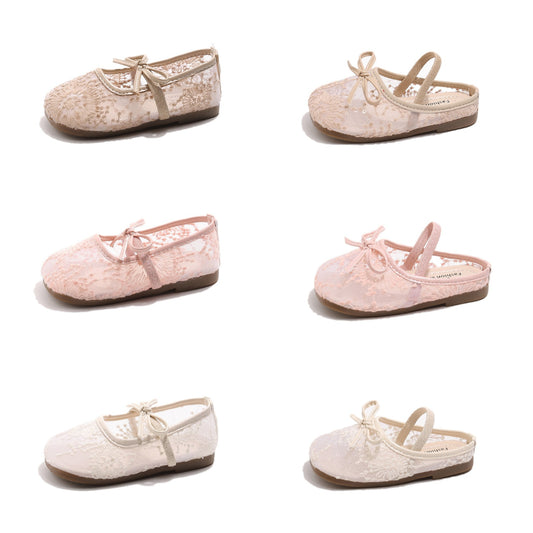 Girls Lace Bow Ballet Flats – Elastic Strap Dress Shoes & Backless Slippers