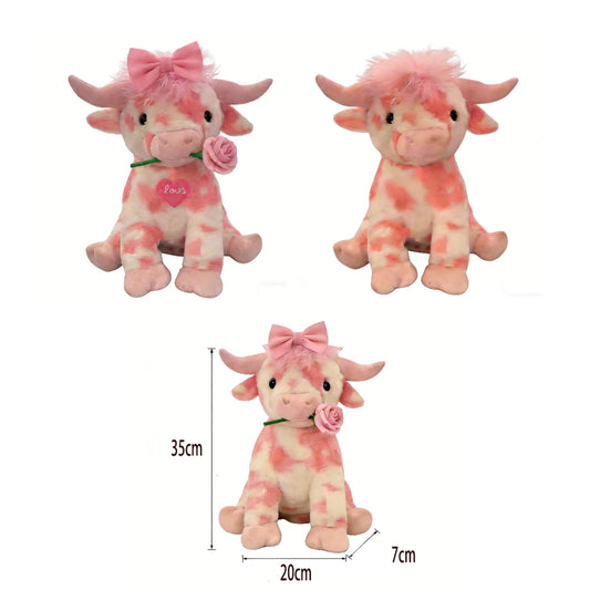 Pink Cow Plush Toy with Bow & Rose, Love Heart Stuffed Animal Gift