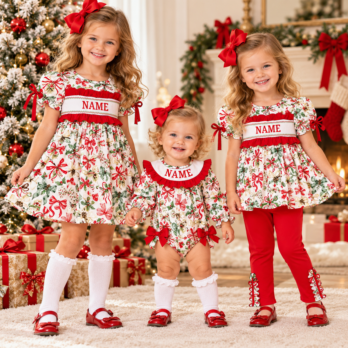 Personalized Christmas Bow Smocked Embroidery Girls Collection – Custom Name Holiday Dress, Pant Set & Baby Romper