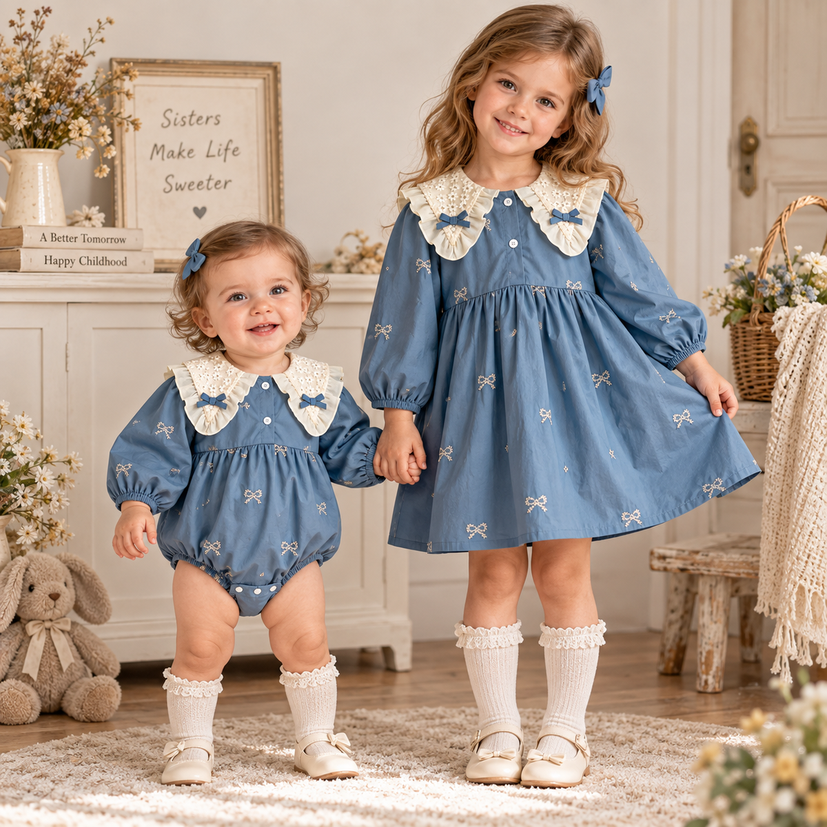 Girls Blue Bow Print Dress & Baby Romper – Lace Collar Sister Matching Outfit