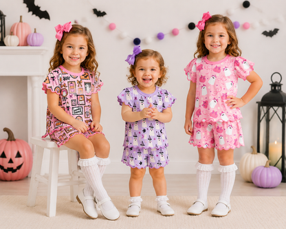 Girls Halloween Pumpkin & Ghost Boutique Short Set | Scalloped Ruffle Outfit | Soft Polyester Spandex Matching Collection