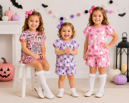 Girls Halloween Pumpkin & Ghost Boutique Short Set | Scalloped Ruffle Outfit | Soft Polyester Spandex Matching Collection
