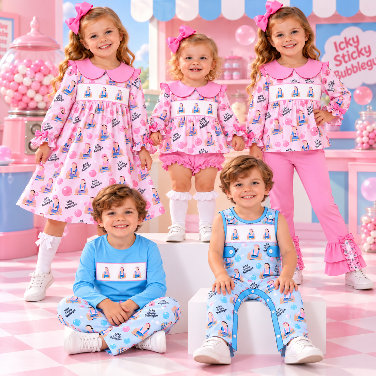Icky Sticky Bubblegum Smocked Embroidery Collection – Girls Dresses, Ruffle Sets & Boys Matching Outfits