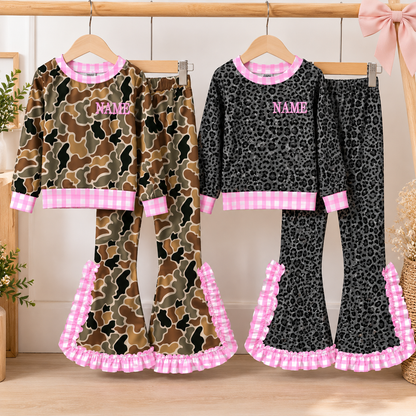 Personalized Girls Camo & Leopard Print Ruffle Pants Set – Custom Name Embroidery Long Sleeve Outfit
