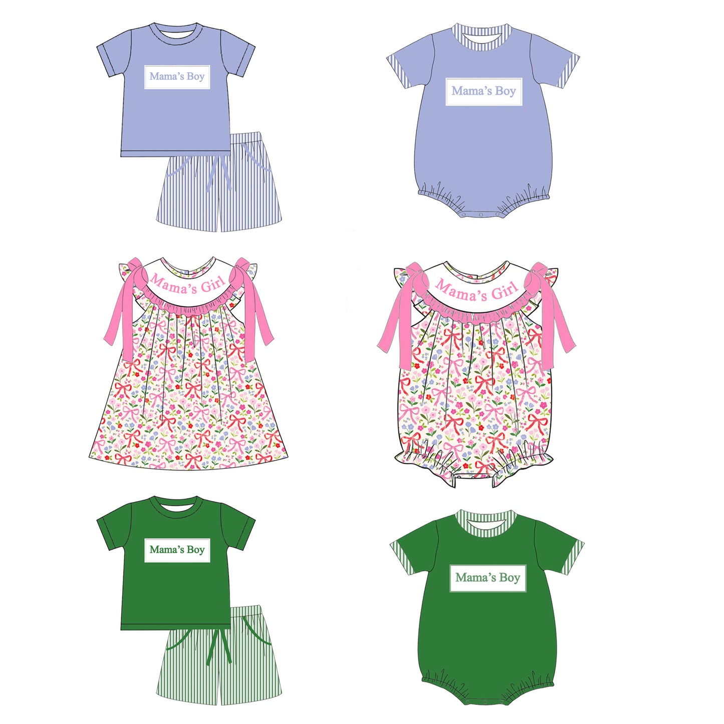 Mama’s Boy & Mama’s Girl Smocked Embroidery Kids Collection – Summer Mother’s Day Outfit Set & Bubble Romper