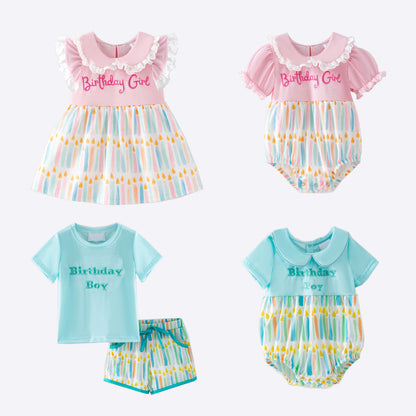 Kids Spring Summer Brithday Embroidery Candle Sibling Set