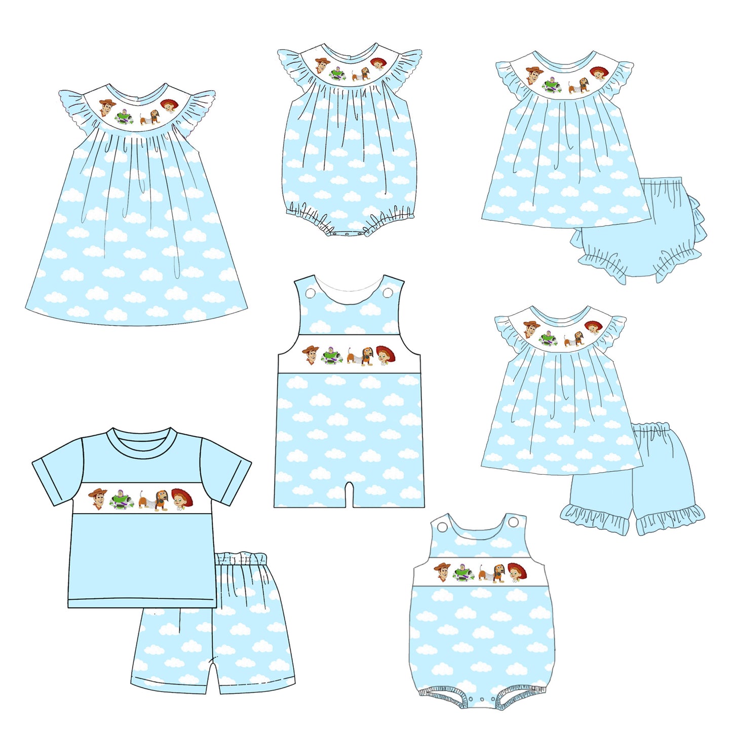 Kids Blue Cloud Cartoon Embroidery Smocked Sibling Clothes Collection
