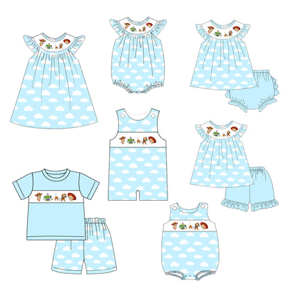 Kids Blue Cloud Cartoon Embroidery Smocked Sibling Clothes Collection