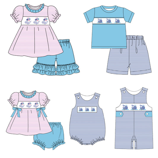 Kids Sibling Summer Whale Embroidery Smocked Matching Clothes
