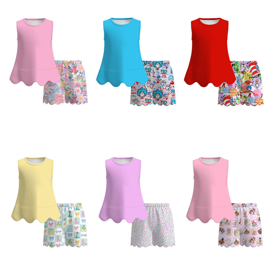 Summer Colorful Character Fashion Soft Scallop Trim Short Set