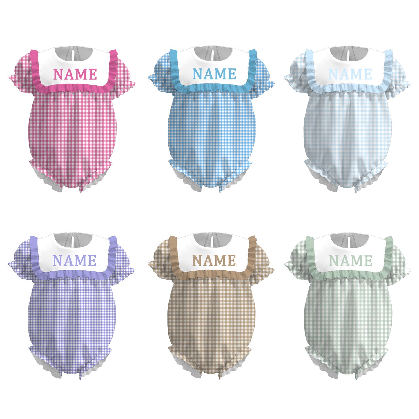 Summer Muti-Colors Plaid Custom Name Embroidery Romper