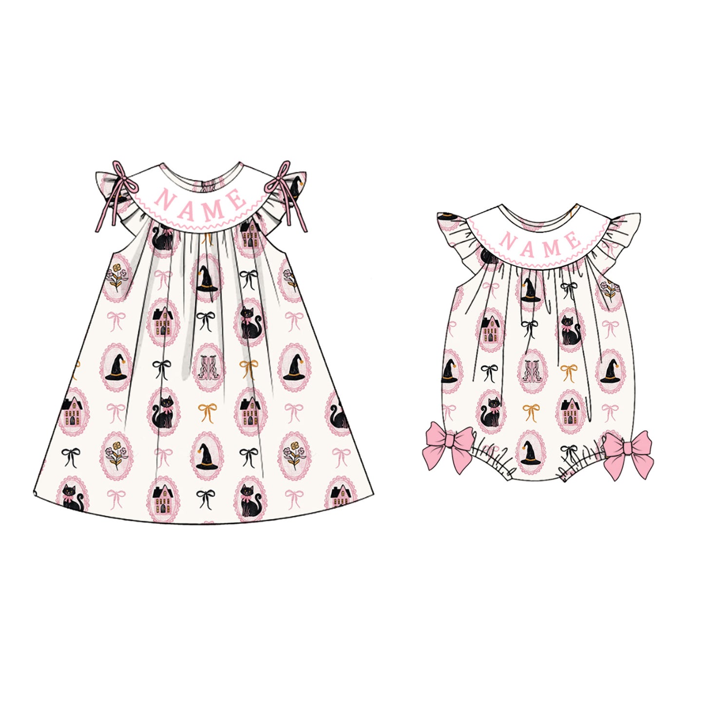 Sister Girls Halloween Print Custom Name Sibling Dress & Romper