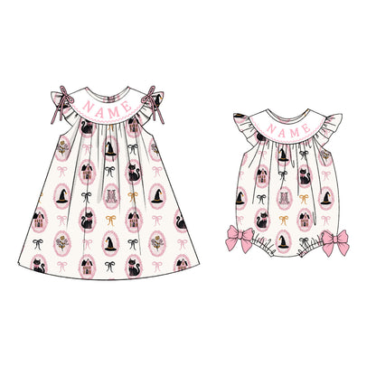 Sister Girls Halloween Print Custom Name Sibling Dress & Romper