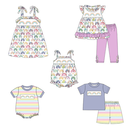Kids Summer Sibling Rainbow Smocked Embroidery Clothes
