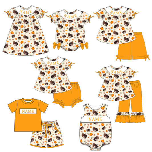 Personalized Smocked Embroidered Thanksgiving Collection | Custom Name Turkey & Pumpkin Boutique Outfit | Handmade Smocked Baby & Toddler Clothing