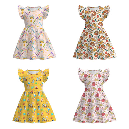 Girls Back To School Cartoon Apple Pencil Print Twirl Dress