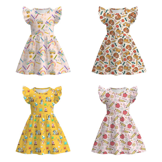 Girls Back To School Cartoon Apple Pencil Print Twirl Dress