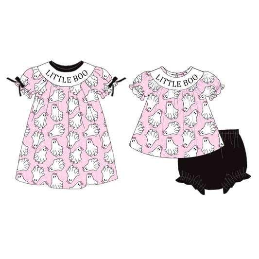 Halloween Little Boo Smocked Embroidered Girls Outfit | Boutique Pink Ghost Dress & Bloomer Set