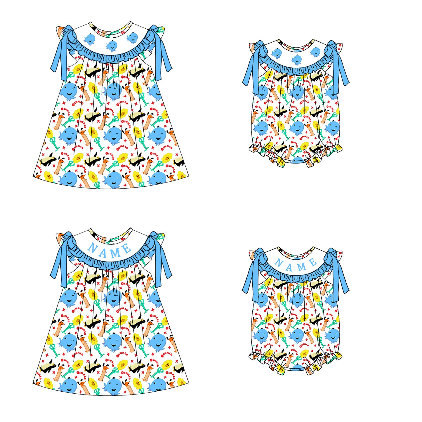 Summer Cartoon Oswald Smocked Embroidery Collection | Personalized Name Dresses & Rompers
