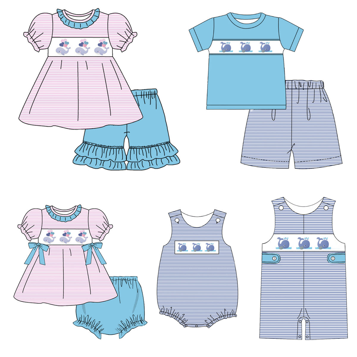 Kids Sibling Summer Whale Embroidery Smocked Matching Clothes