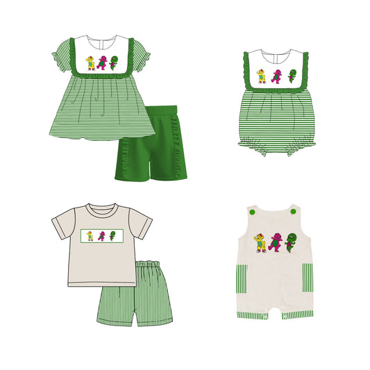 Kids Summer Cartoon Green Stripes Embroidery Sibling Clothes