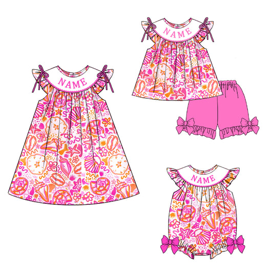 Summer Girls Beach Print Custom Name Smocked Embroidery Set Collection