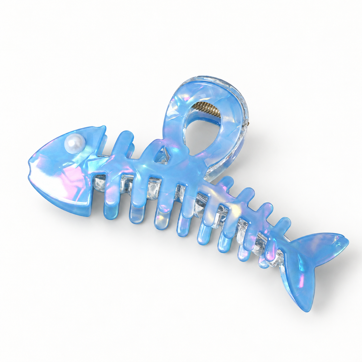 Iridescent Fishbone Hair Claw Clip – Acetate-Look Fish Skeleton Clip with Faux Pearl Eye