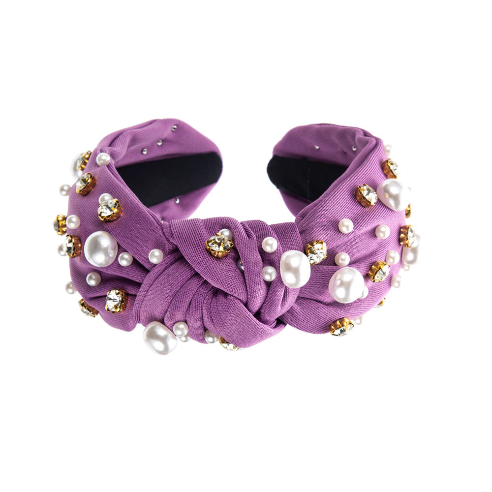 Wide Knotted Headband with Pearls & Rhinestones Padded Fashion Hair Band for Women & Girls