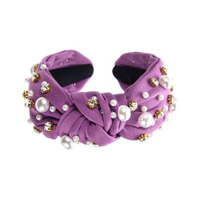 Wide Knotted Headband with Pearls & Rhinestones Padded Fashion Hair Band for Women & Girls