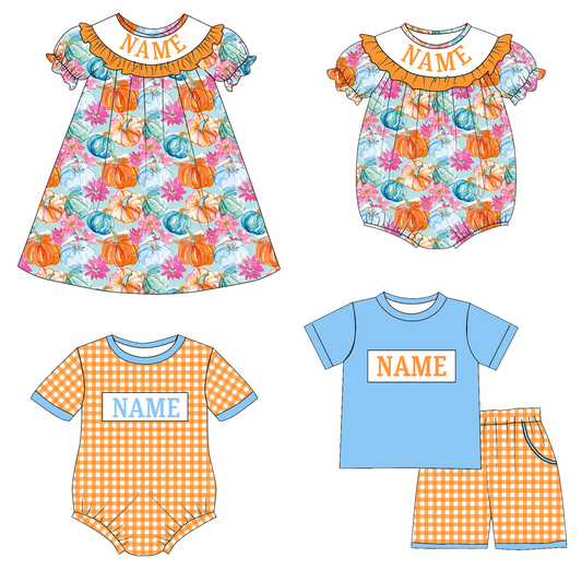 Kids Halloween Custom Name Embroidery Orange Blue Pumpkin Sibling Clothes