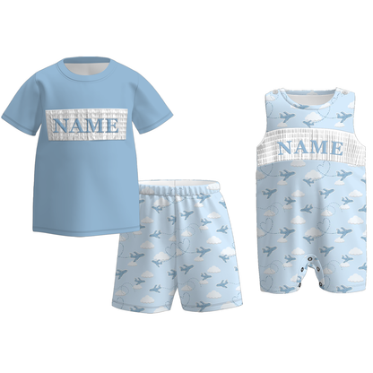 Boys Spring Summer Blue Plane Custom Name Smock Embroidery Collection