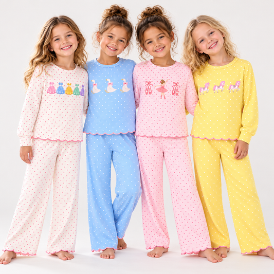 Girls Embroidered Scalloped Two-Piece Outfit – Long Sleeve Top & Wide Leg Pants Set, Ballet, Duck, Princess & Pony Designs
