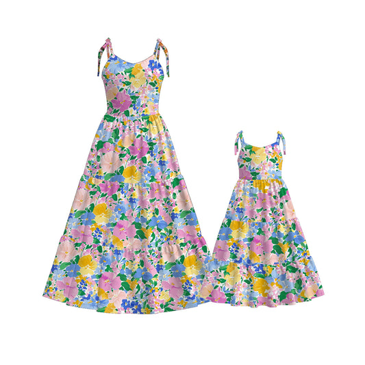 Mommy and Me Colorful Floral Print Summer Soft Maxi Dress