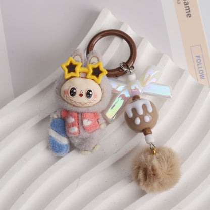 New Flocked Surfboard Sunglasses Labubu Beaded Keychain Cute Charm Bag Pendant Accessory