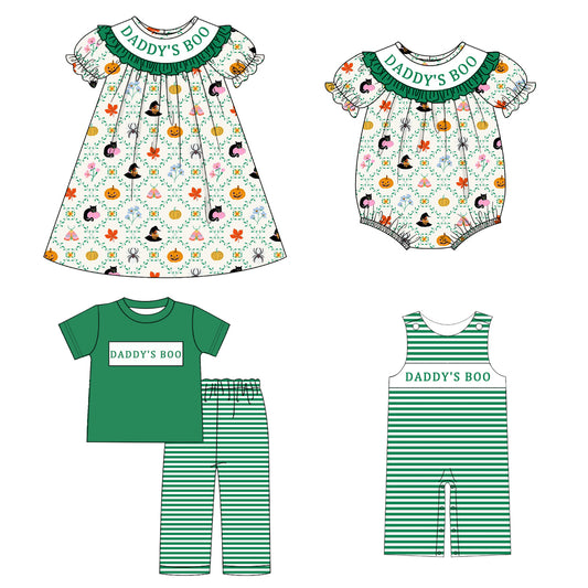 Kids Halloween DADDY'S BOO Embroidery Green Pumpkin Sibling Clothes