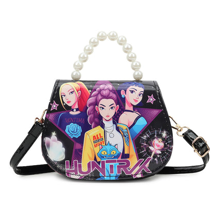 K-POP Demon Hunters Anime Print Kids Crossbody Bag with Pearl Handle & PU Strap