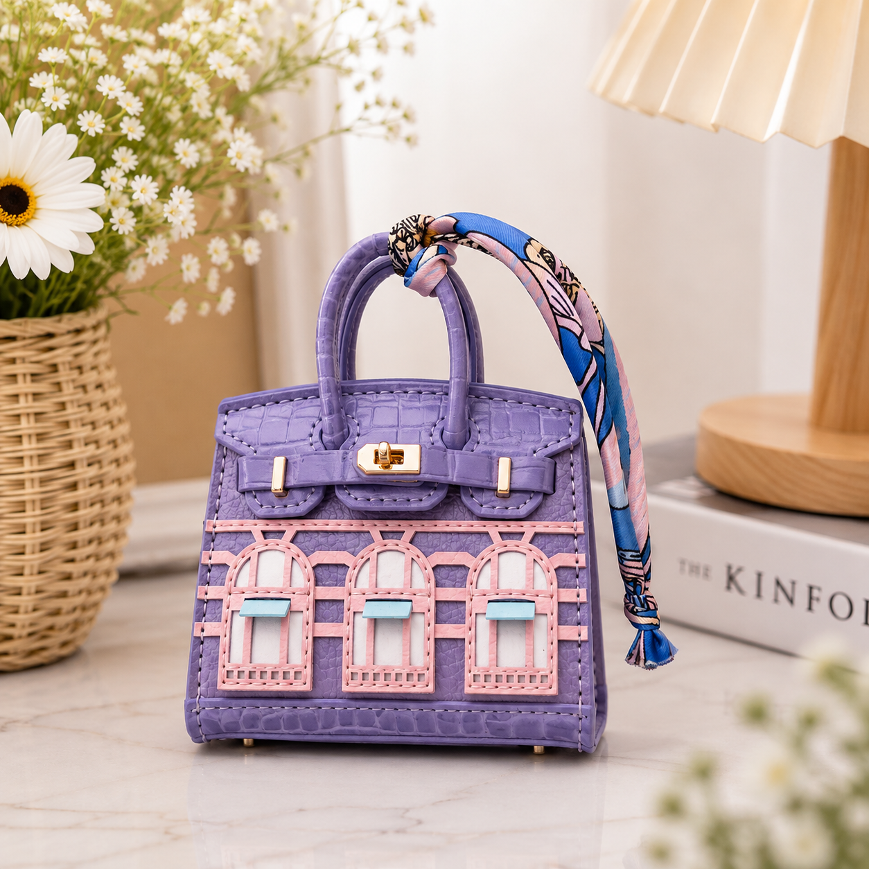 Mini House Bag Charm with Scarf – Faux Leather Coin Purse & Earbud Pouch