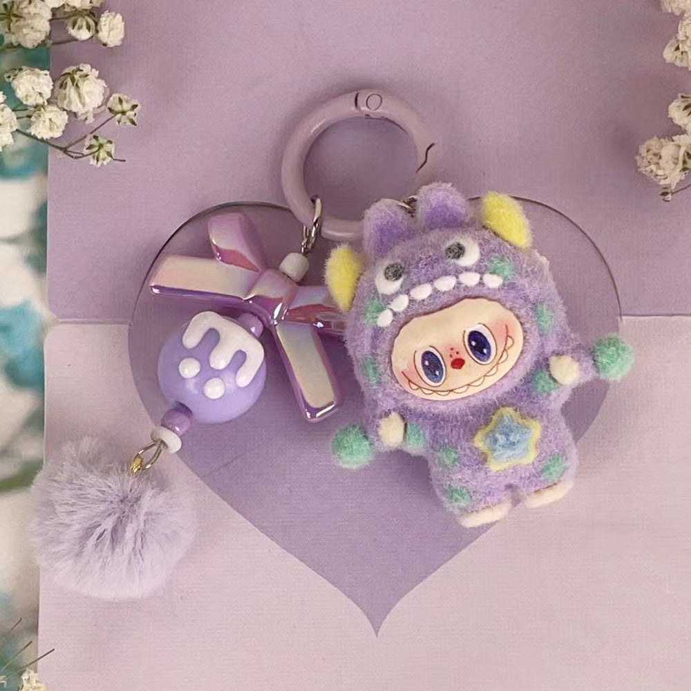 Flocked Labubu Key chain Pom-pom Backpack Charm Trendy Merchandise