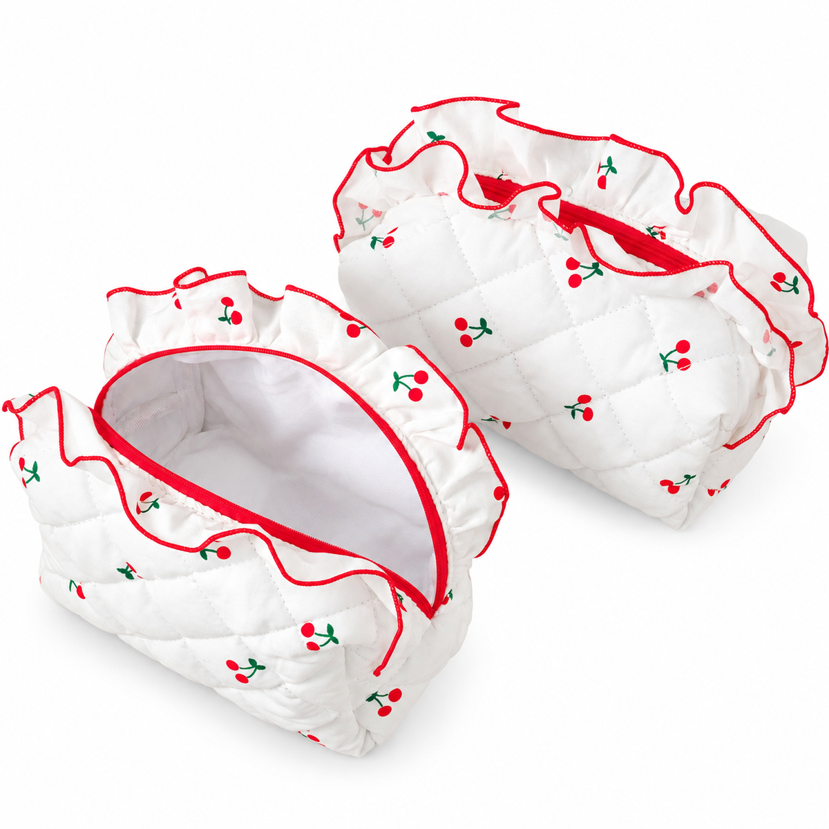 Diamond Quilted Ruffle Floral, Bow Print Makeup Cosmetic Bag – Toiletry & Travel Pouch